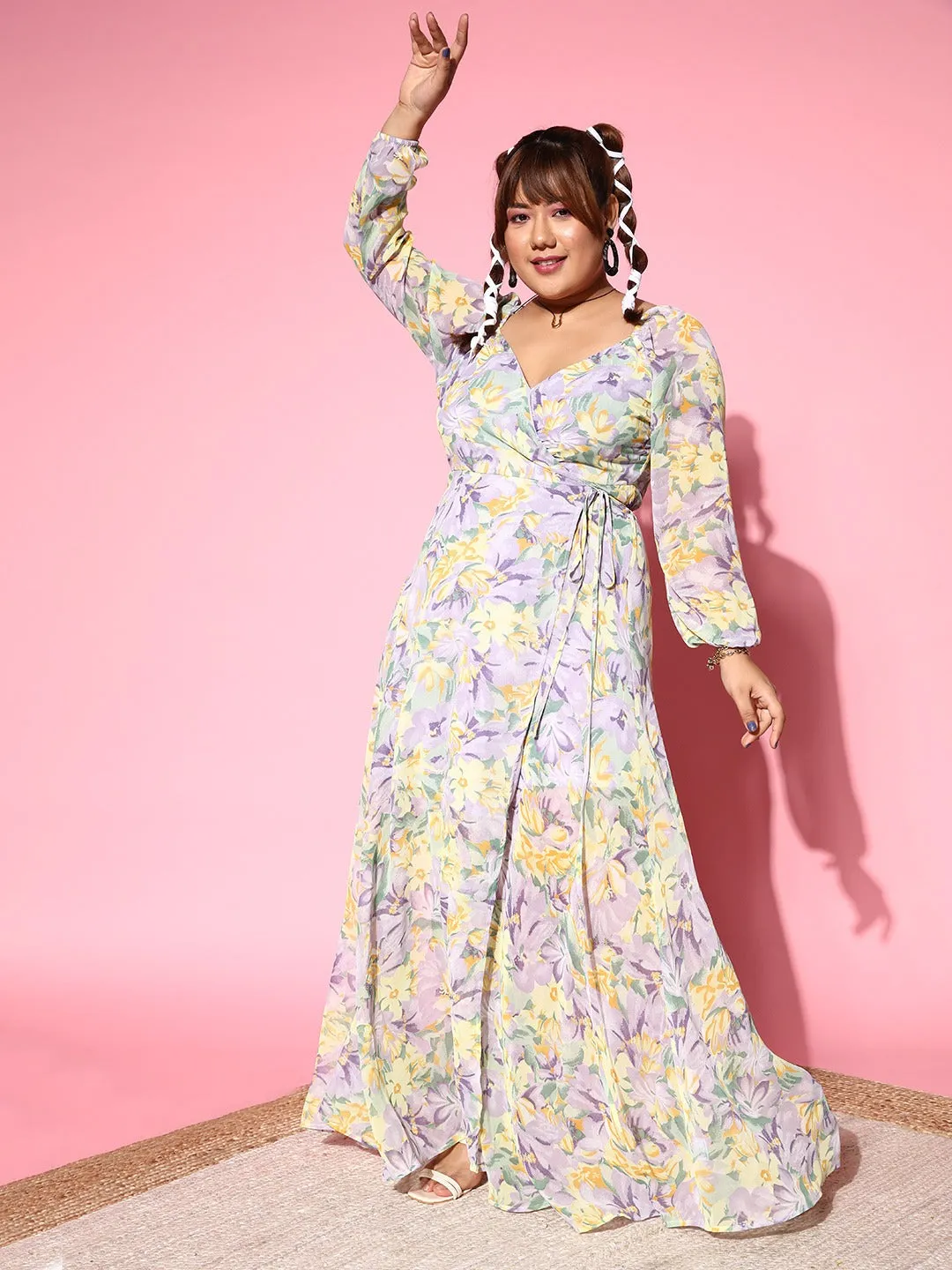 Berrylush Women Plus Size Lavender & Yellow Floral Printed V-Neck Waist Tie-Up Thigh-High Slit Flared Maxi Dress