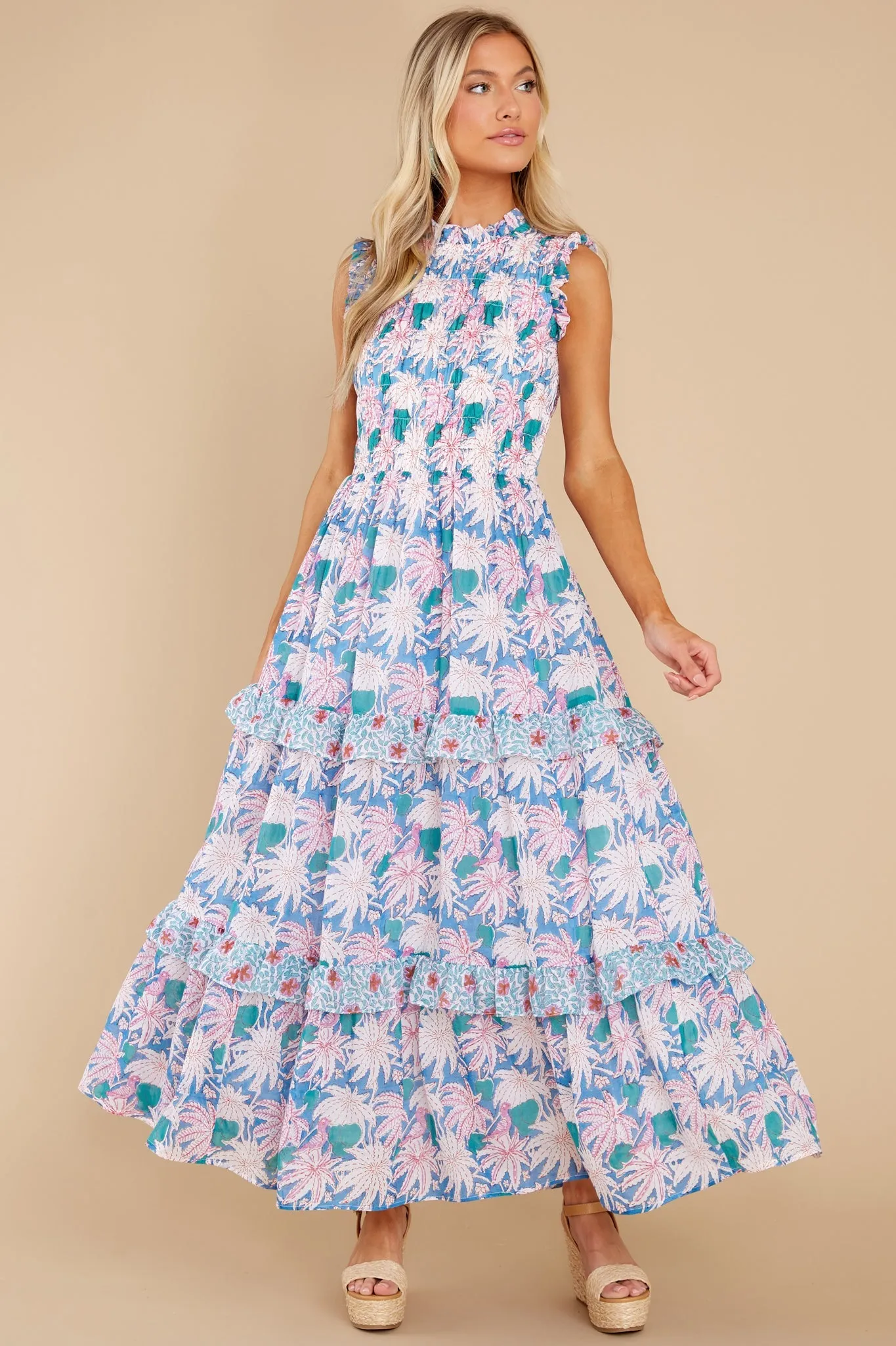 Cayman Blue Sleeveless Smocked Maxi Dress