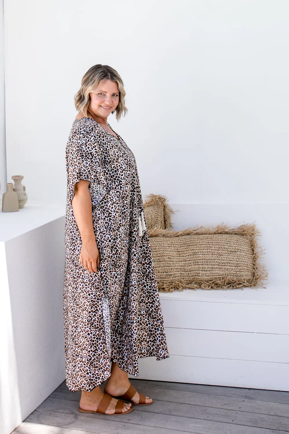Long Kaftan Dress - Leopard Print
