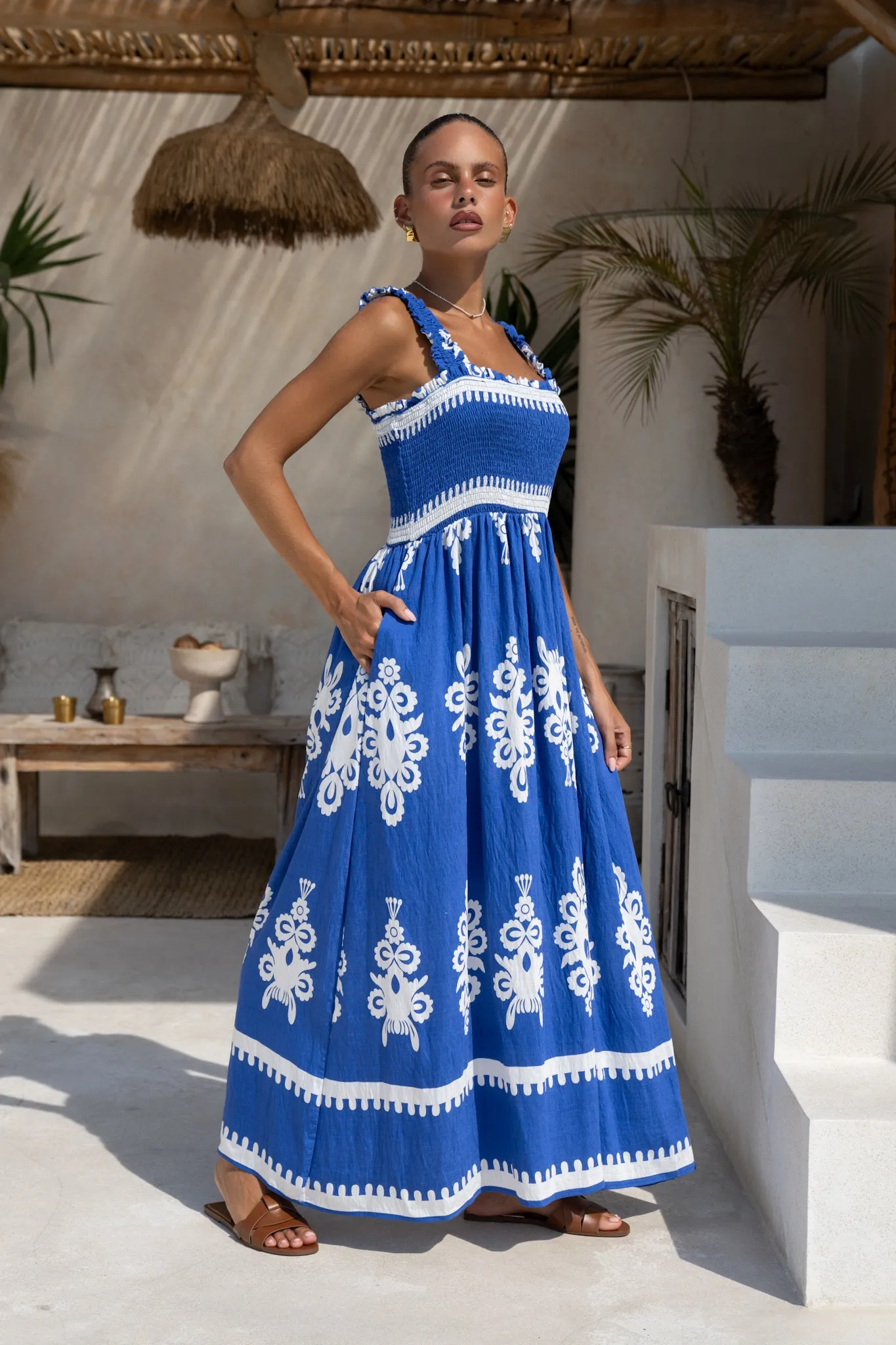 Lune Blue Abstract Square Neck Maxi Dress