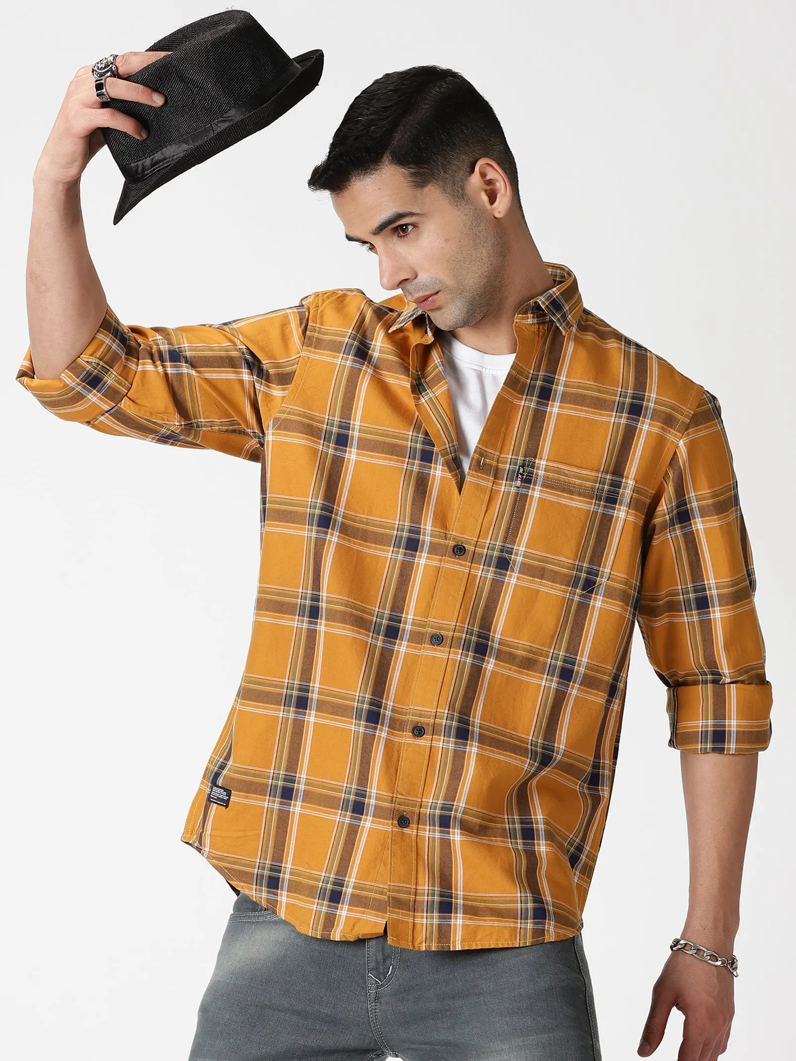 MEN'S KHAKI CHECKS SLIM FIT SHIRT