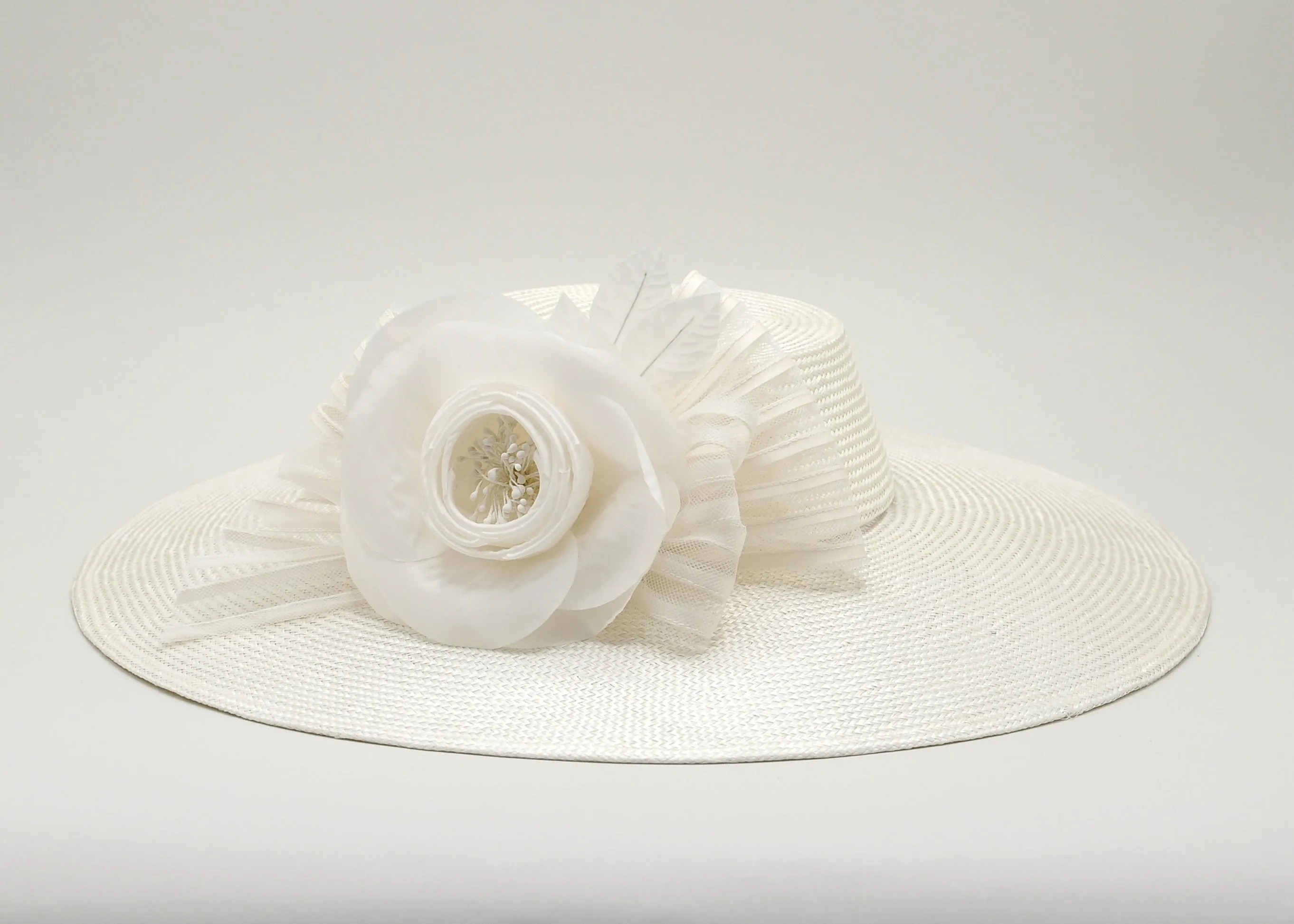 Nijinsky: Large White Straw Boater Hat with Camelia and Bow