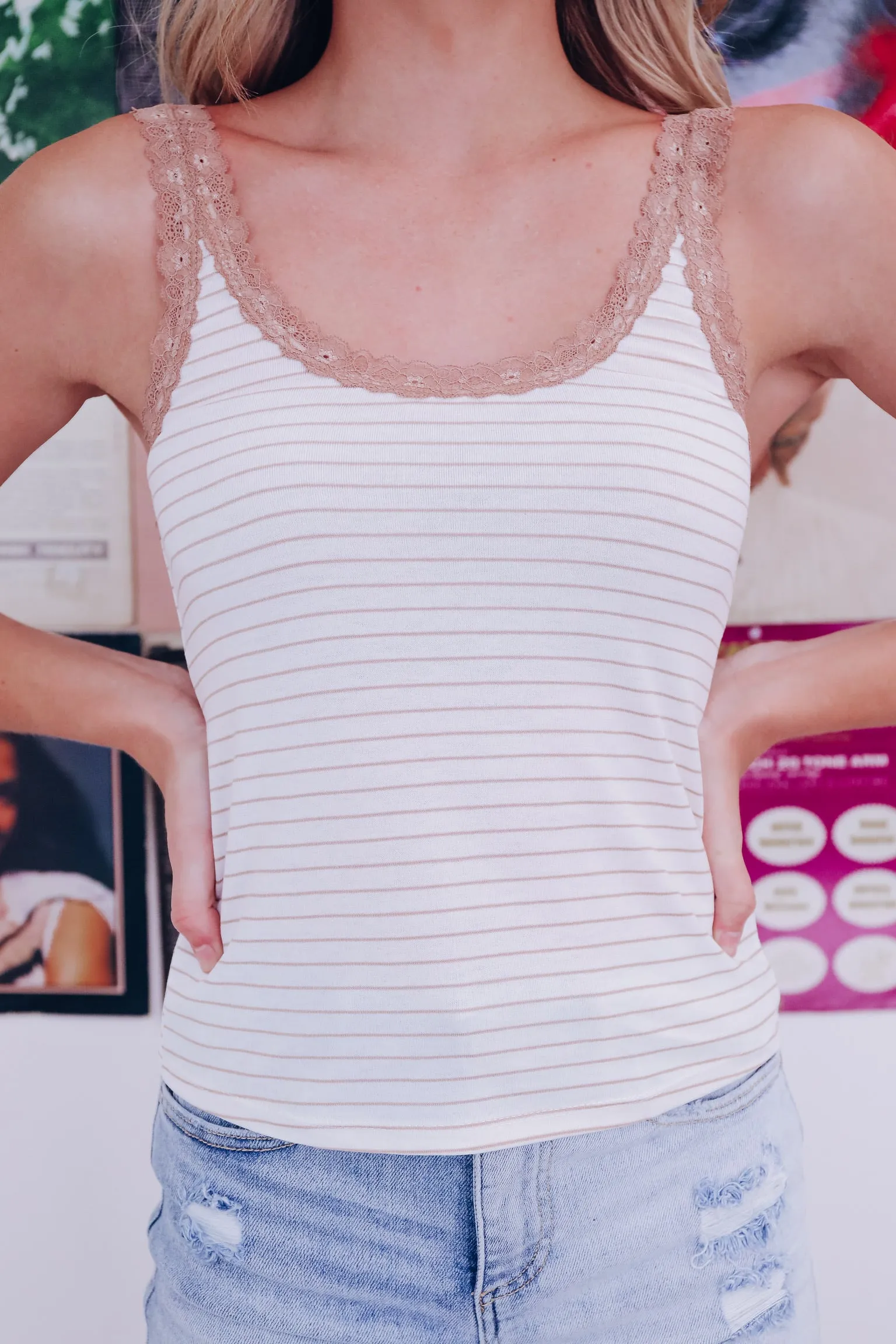 Summer Lace Trimmed Striped Tank - Taupe